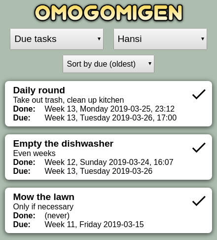 The Omogomigen recurring task overview